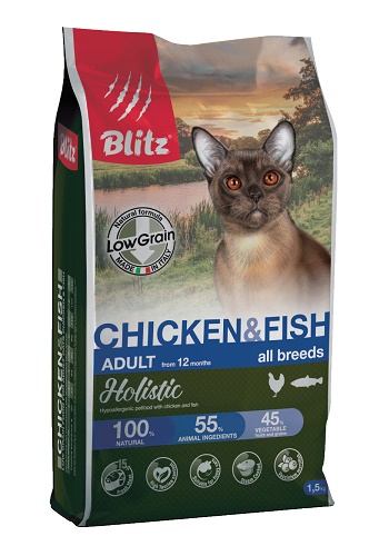 Blitz Holistic Adult Chicken & Fish низкозерновой сухой корм для кошек с курицей и рыбой