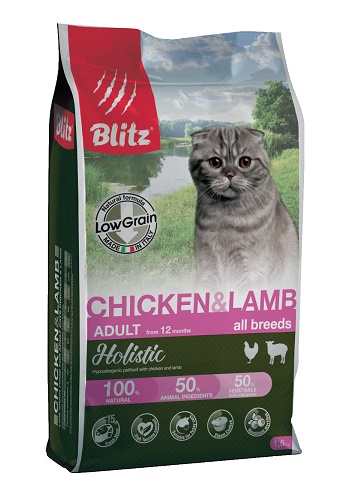 Blitz Holistic Adult Chicken & Lamb низкозерновой сухой корм для кошек с курицей и ягненком
