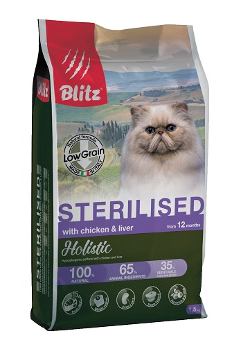 Blitz Holistic Sterilised Chicken & Liver низкозерновой сухой корм для кошек с курицей и печенью