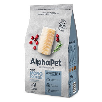 AlphaPet Monoprotein сухой корм для взрослых кошек Белая рыба