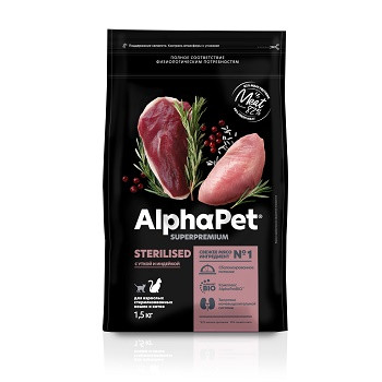 AlphaPet Superpremium сухой корм для стерилизованных кошек Утка и индейка