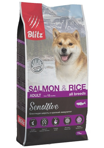 Blitz Sensitive Adult Salmon & Rice сухой корм для взрослых собак всех пород с лососем