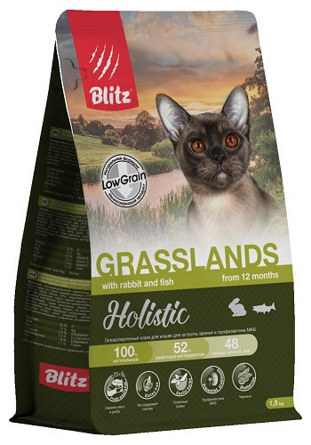 Blitz Holistic Grasslands Rabbit & Fish низкозерновой сухой корм для взрослых кошек