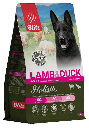 Blitz Holistic Lamb & Duck беззерновой сухой корм для собак средних и крупных пород