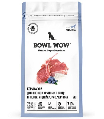 Bowl Wow сухой корм для щенков крупных пород Ягненок, индейка, рис и черника SALE