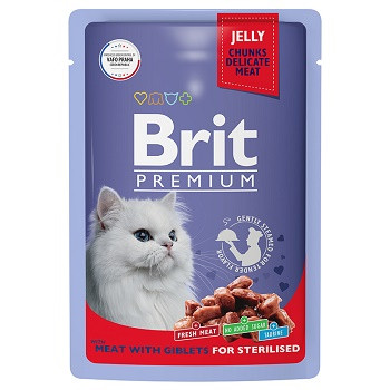 Brit Premium пауч для стерилизованных кошек мясное ассорти с потрошками в желе (Россия)