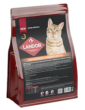 Landor Hair & Skin Adult сухой корм для кошек для шерсти и кожи с индейкой и лососем