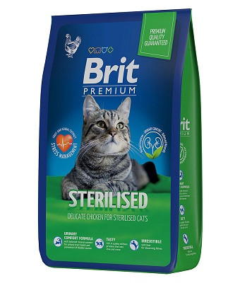 Brit Premium Sterilised сухой корм для стерилизованных кошек с курицей (Россия)  АКЦИЯ 2 кг + 500 г
