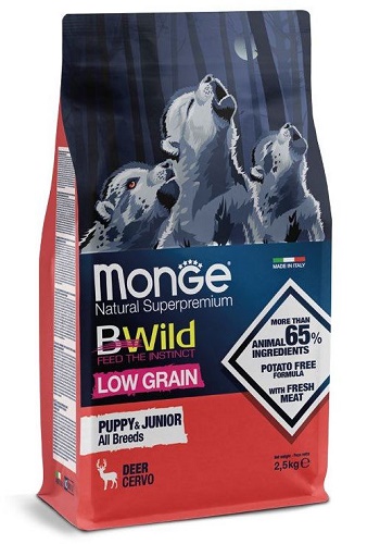 Monge BWild Low Grain Puppy&Junior корм для щенков всех пород с оленем